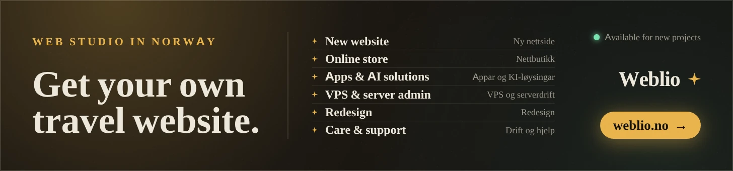 Weblio - web studio in Norway. Get your own travel website. Websites, online stores and AI. weblio.no